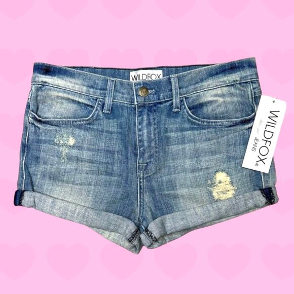NWT Wildfox The June High Rise Rolled Distressed Jean Shorts 28 Made in USA - Picture 1 of 9